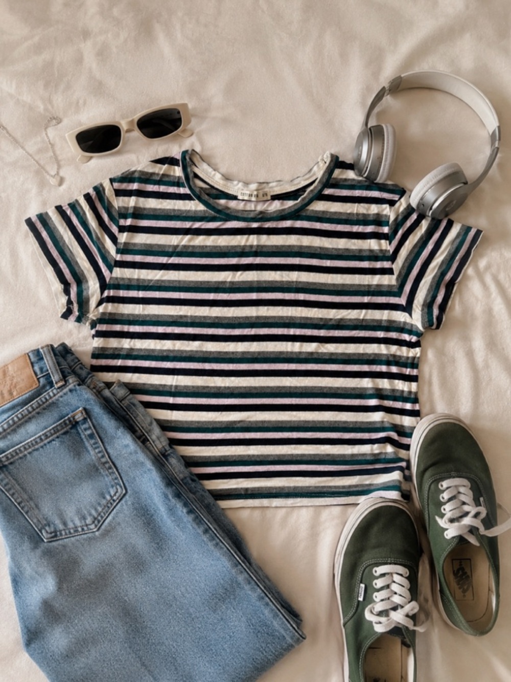 Cotton On Striped Tee in Pink, Teal, Gray and Black Medium